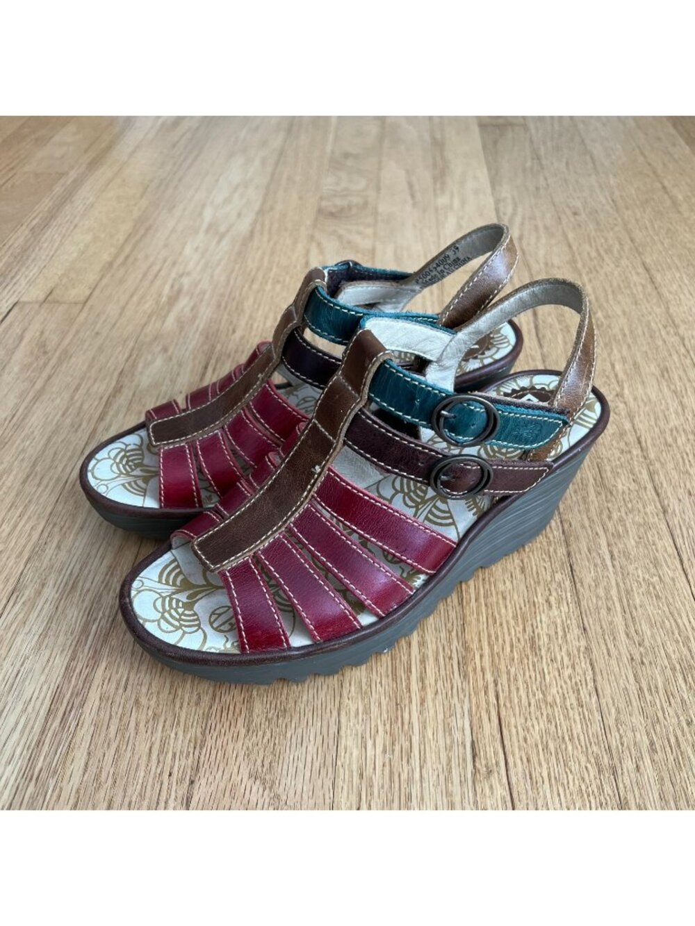 Fly London Ygor Multicolor Leather Wedge Sandals Women's Size 39 US 8-8.5